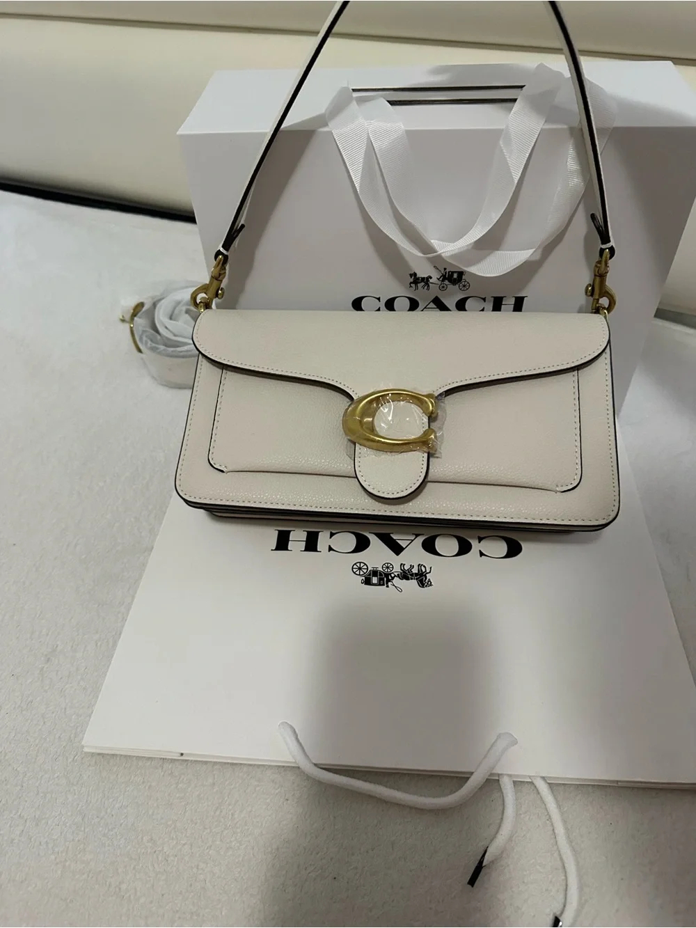 Coach Cream Leather Shoulder Bag with Gold Buckle